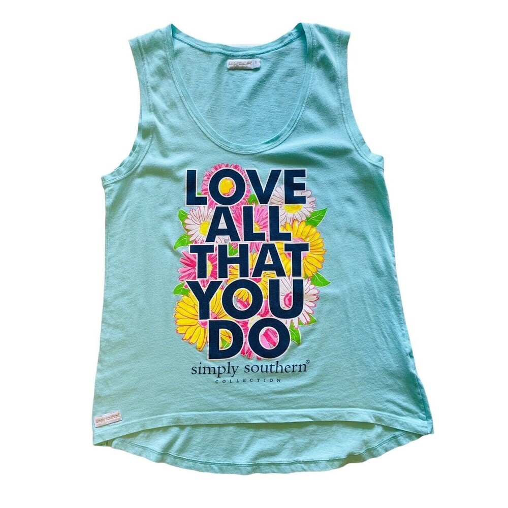 Simply Southern Tank Top Womens S Blue Floral “Love All That You Do” Graphic Tee